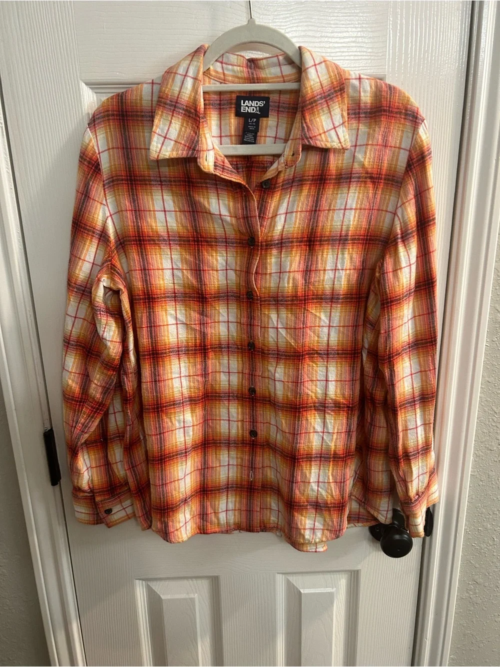 Lands End women’s petite large long sleeve plaid flannel shirt orange red white
